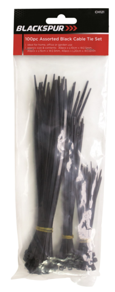 Blackspur Black Cable Tie Set Assorted Sizes 100 pack