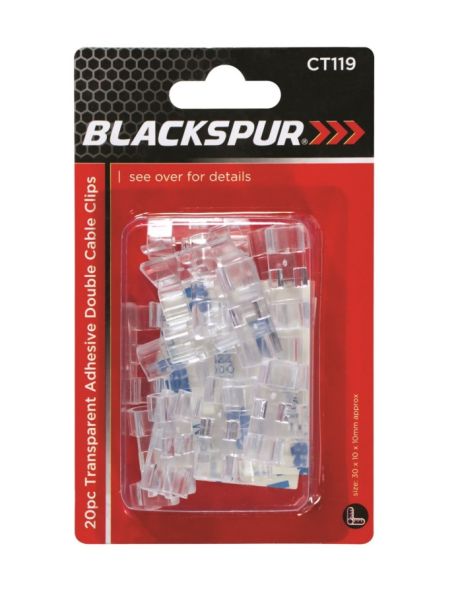 Blackspur Transparent Adhesive Double Cable Clips 20 pack
