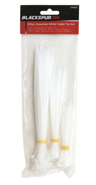 Blackspur White Cable Tie Set Assorted Sizes 100 pack