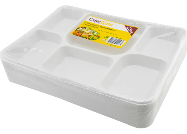 CaterGold Reusable 6 Compartment Plastic Plates 25 pack