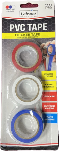 Gibsons Coloured PVC Tape 15MM x 8M 3 pack
