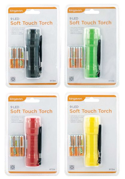 Kingavon 9 LED Soft Touch Torch with Batteries - Assorted Colours