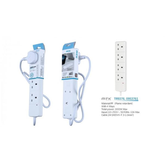 MTK 4 Way 1 Meter Extension Cable 3000W 13A (White)