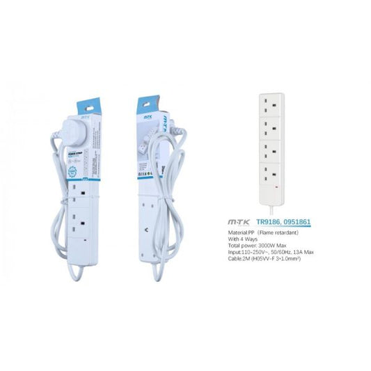 MTK 4 Way 2 Meter Extension Cable 3000W 13A (White)
