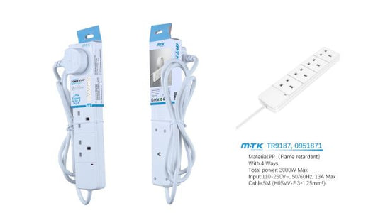 MTK 4 Way 5 Meter Extension Cable 3000W 13A (White)