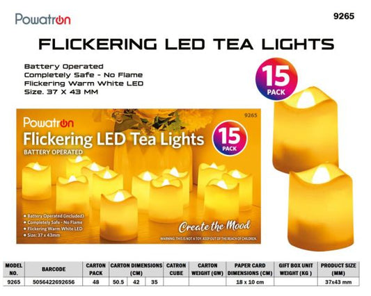 Powatron Battery Operated Flickering LED Tea Lights 15 pack