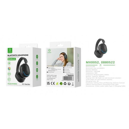 WOOX Black Bluetooth Headphone With LED lights (400mAh)